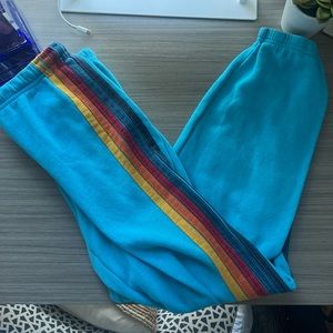 Aviator Nation Blue 5 stripe rainbow Sweatpants sweats joggers, size large